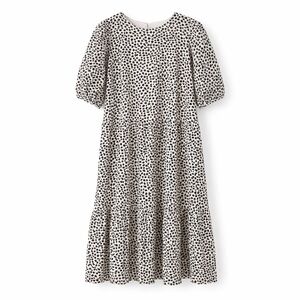 H&M Black Floral Midi Dress Medium Puff Sleeve Tiered Cream